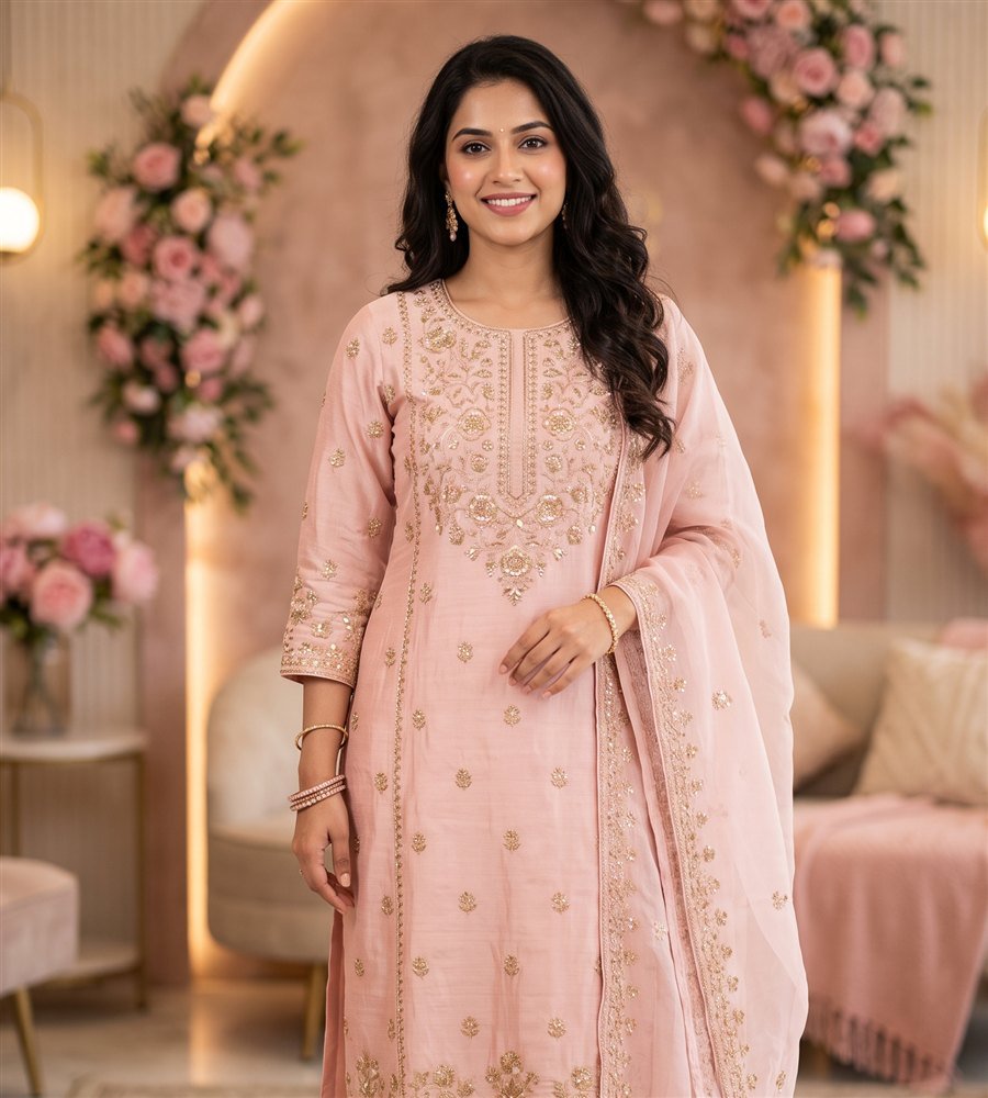 Model wearing a blush pink embroidered kurta set with a matching dupatta