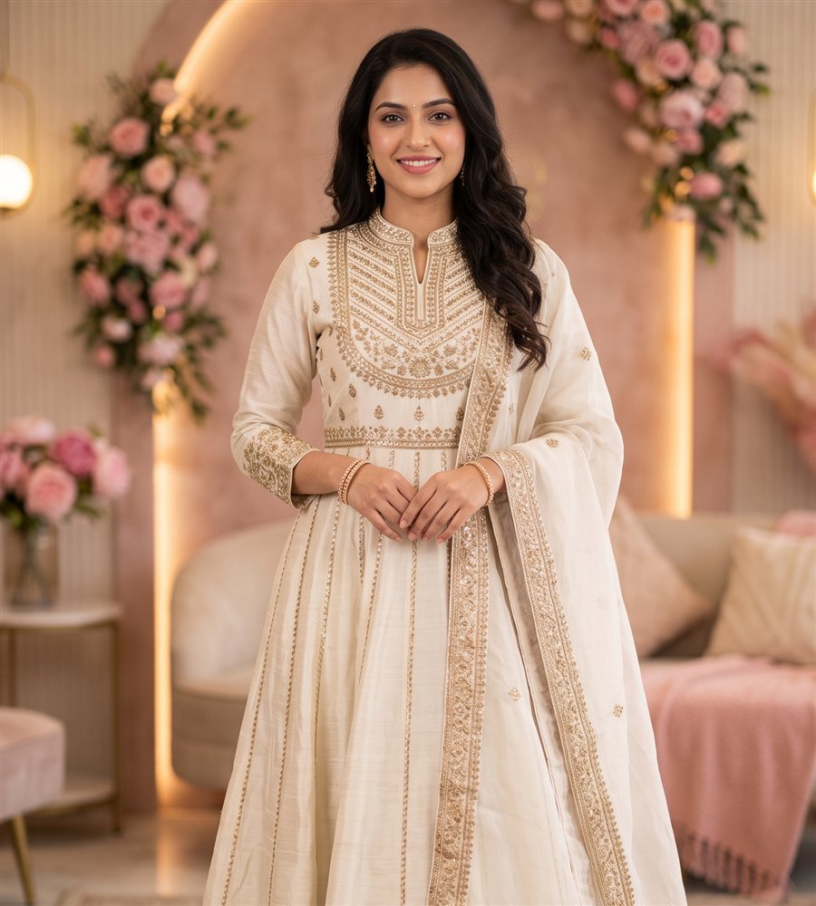 Model wearing an ivory festive anarkali with gold zari detailing