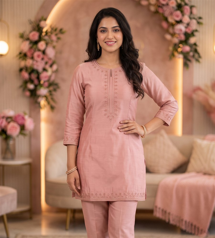 Model wearing a rose pink co-ord set