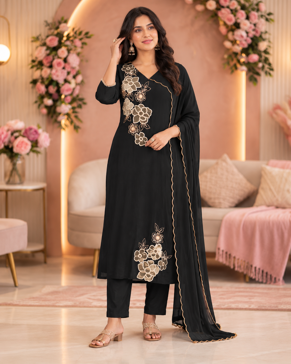 Black Floral Appliqué 3-Piece Suit Set