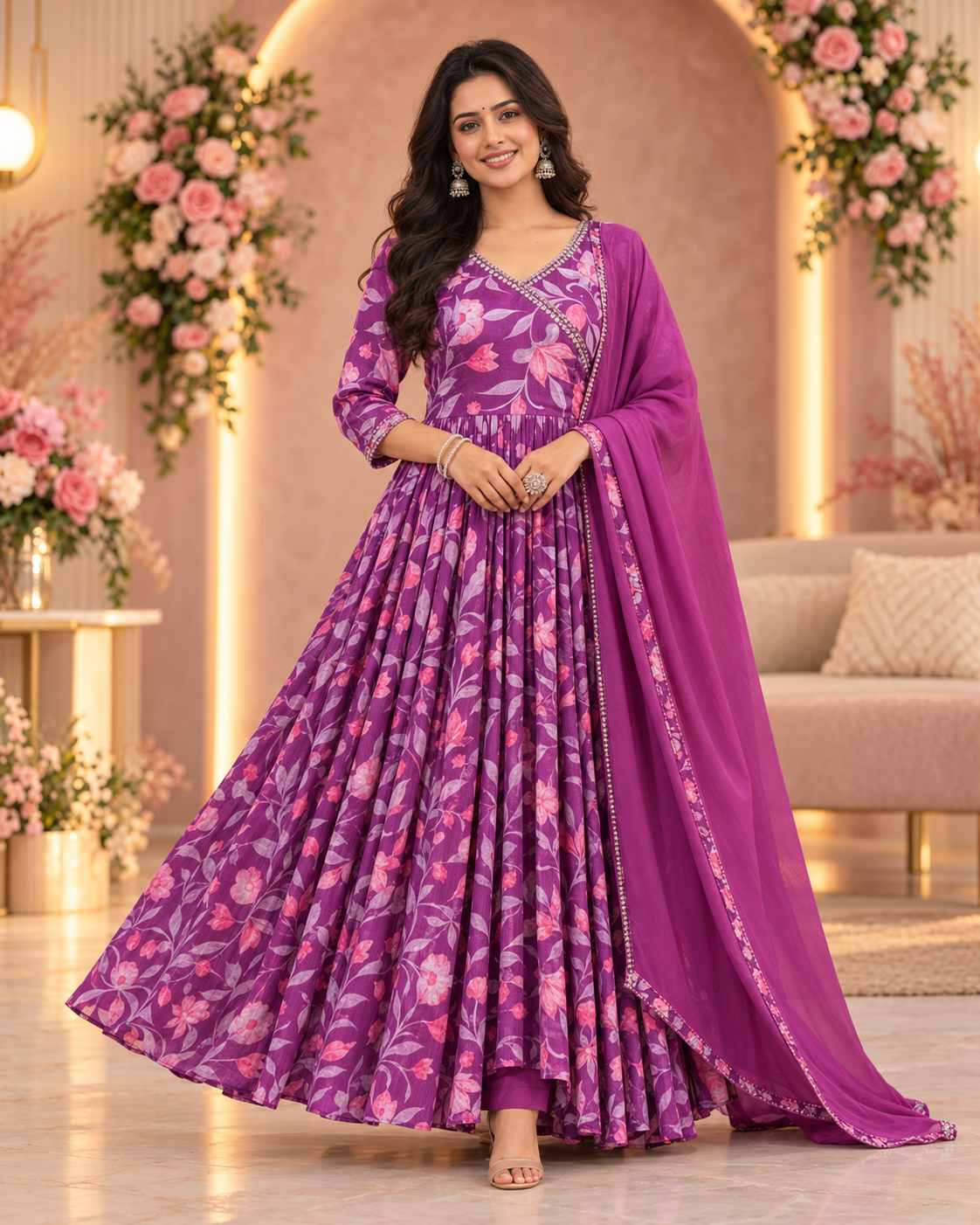 Purple Floral Angrakha 3-Piece Set