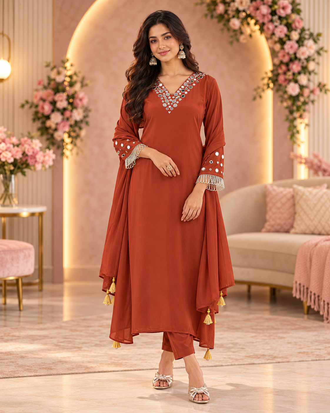 Rust Mirror Work 3-Piece Suit Set