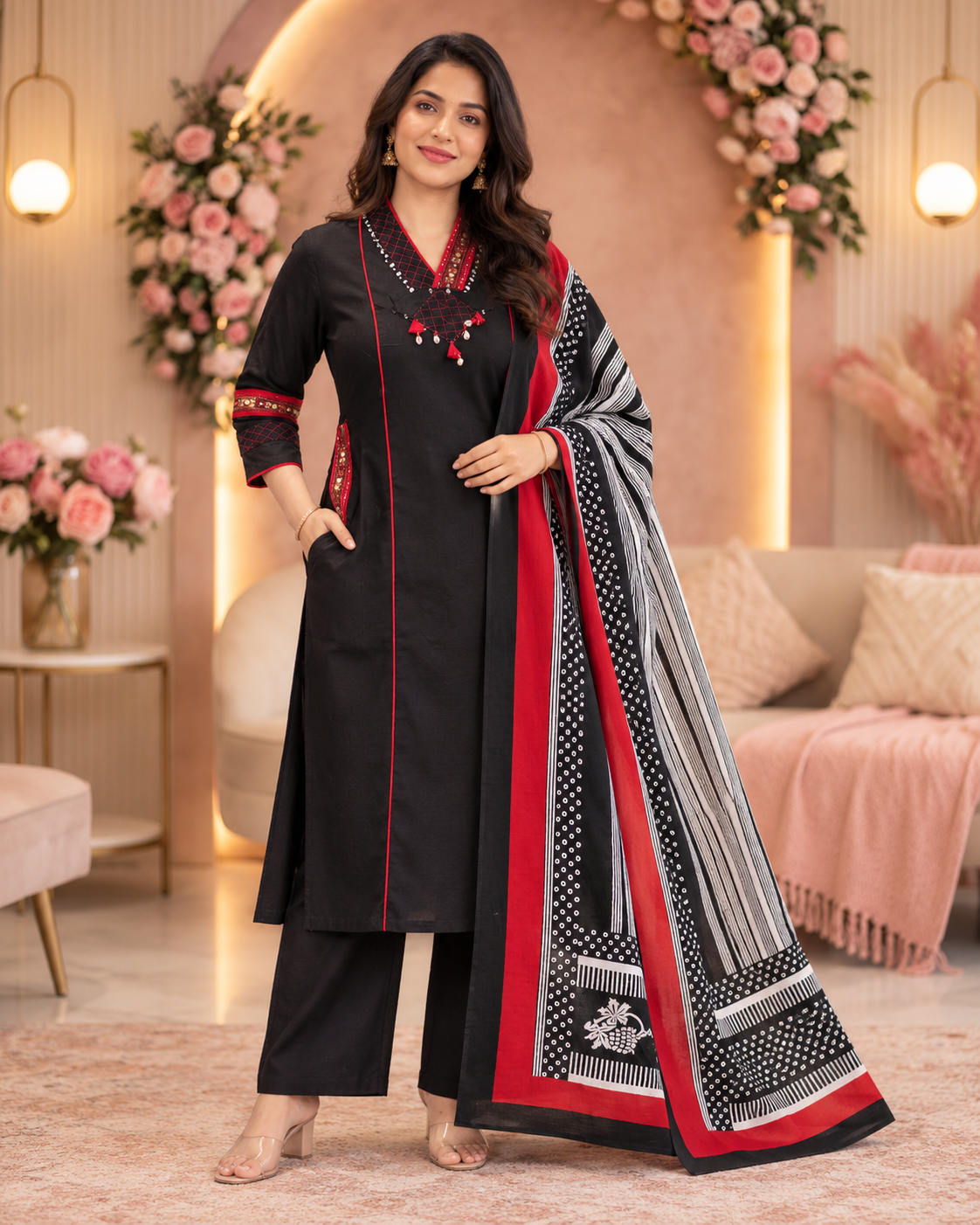 Black & Red Dabu Cotton 3-Piece Suit Set